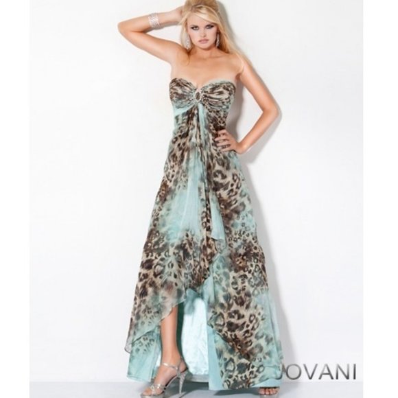 Jovani Dresses & Skirts - NWT JOVANI AQUA TURQUOISE ANIMAL PRINT STRAPLESS SILK DESIGNER GOWN RHINESTONES
